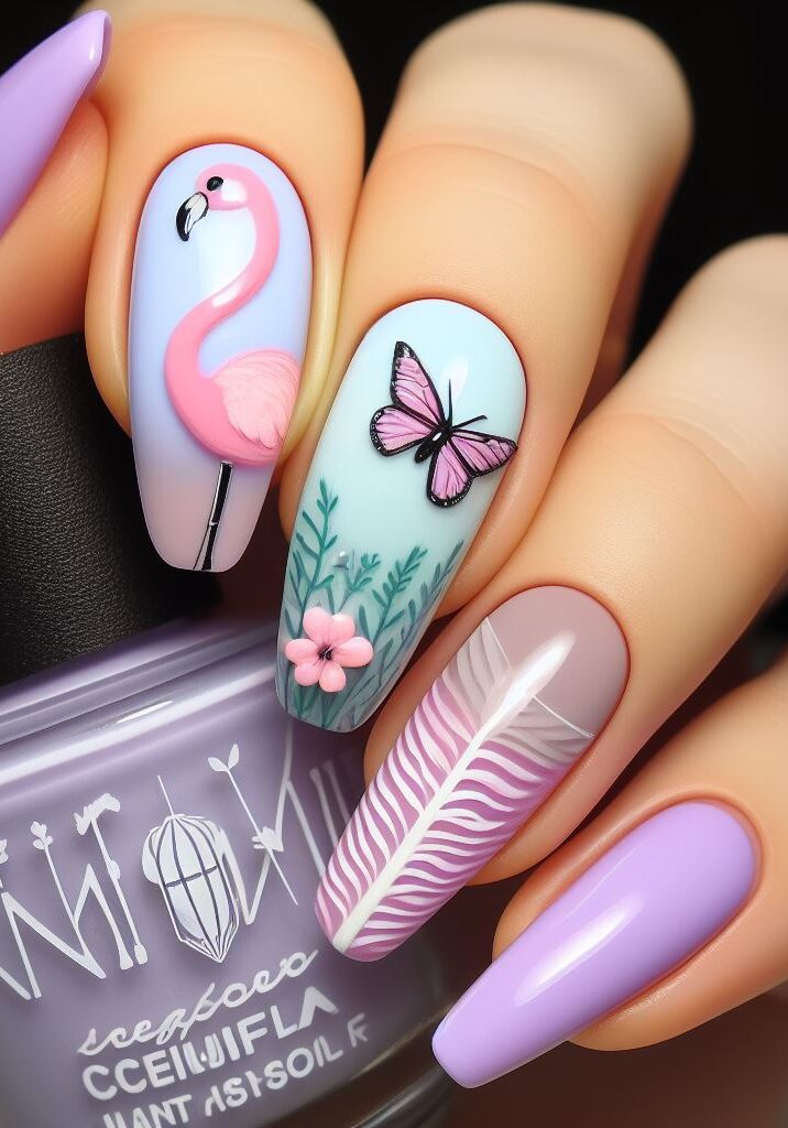  Escape to paradise with these flamingo nails! Tropical vibes meet pastel perfection with this lavender and mint combo featuring graceful flamingos and delicate butterflies.