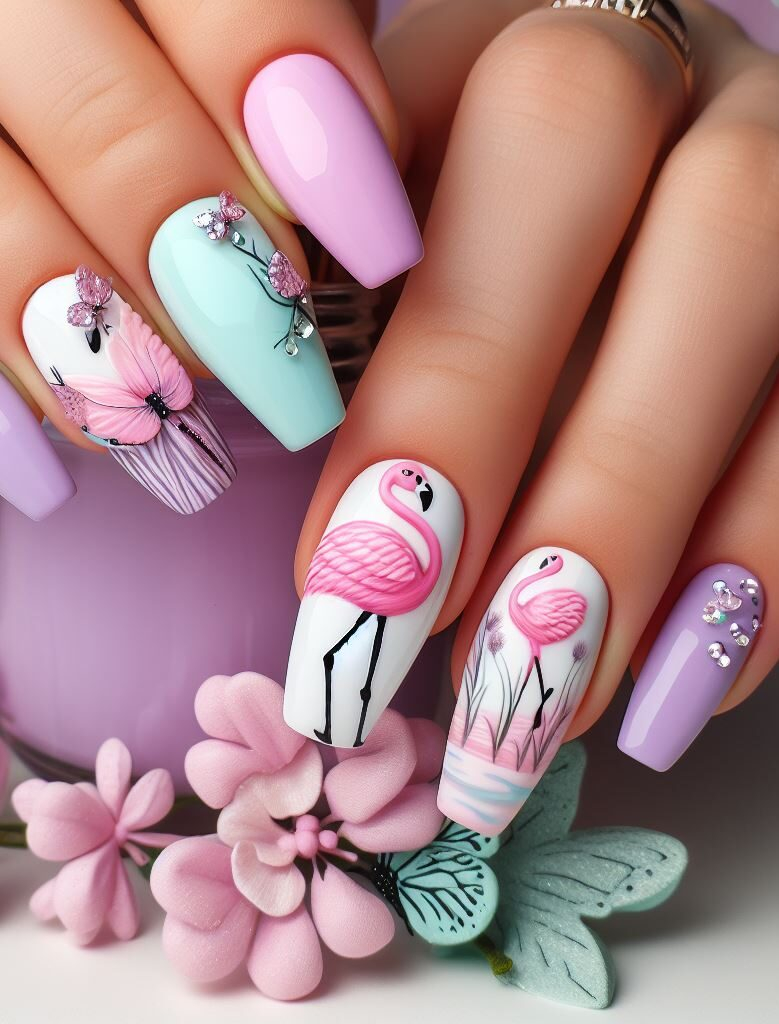 Channel your inner flamingo with this dreamy nail art! Combine calming lavender and mint with fluttering butterfly accents for a touch of whimsy.