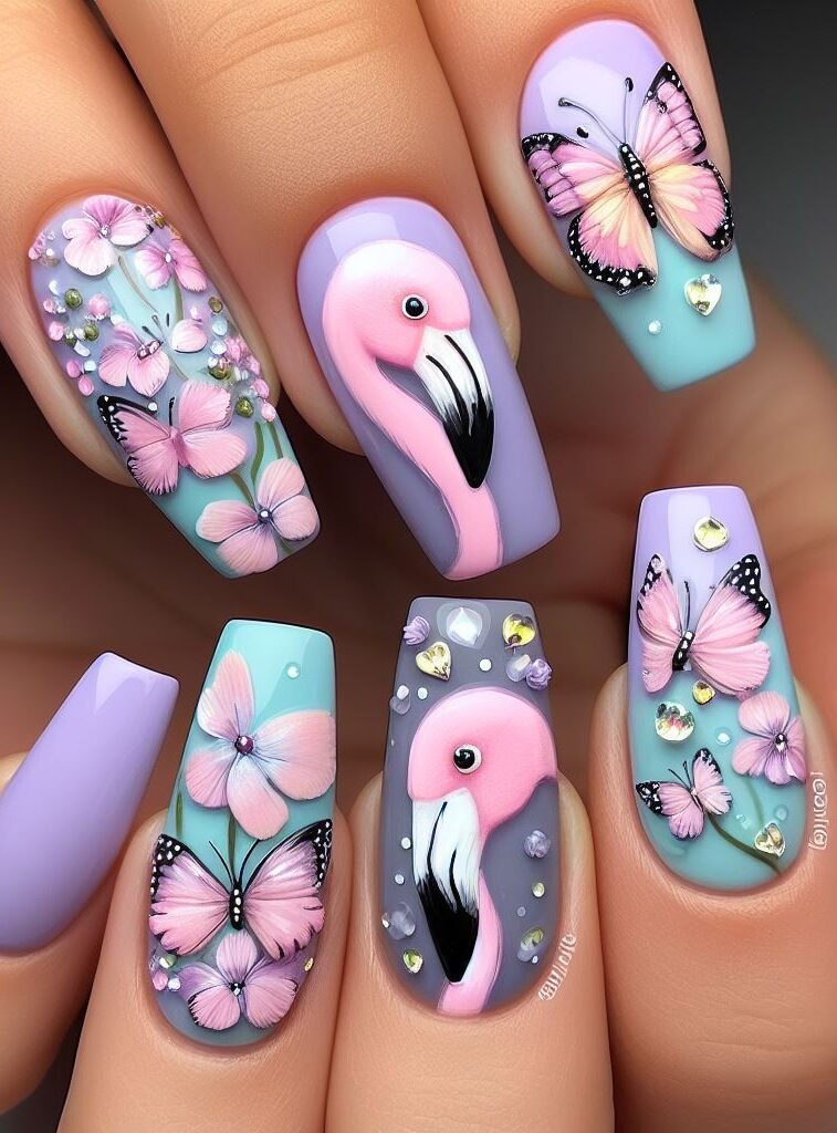 Looking for a mani that's both elegant and playful? ✨ Look no further than this flamingo nail art design! Mint and lavender hues create a serene base for the vibrant flamingos and fluttering butterflies.