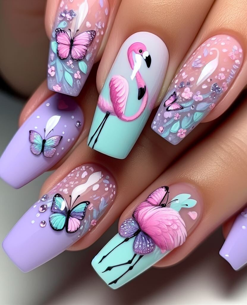Flaunt your fabulous taste with these flamingo nails! ✨ This eye-catching design features a cool blend of lavender and mint, accented with stunning flamingos and whimsical butterflies.