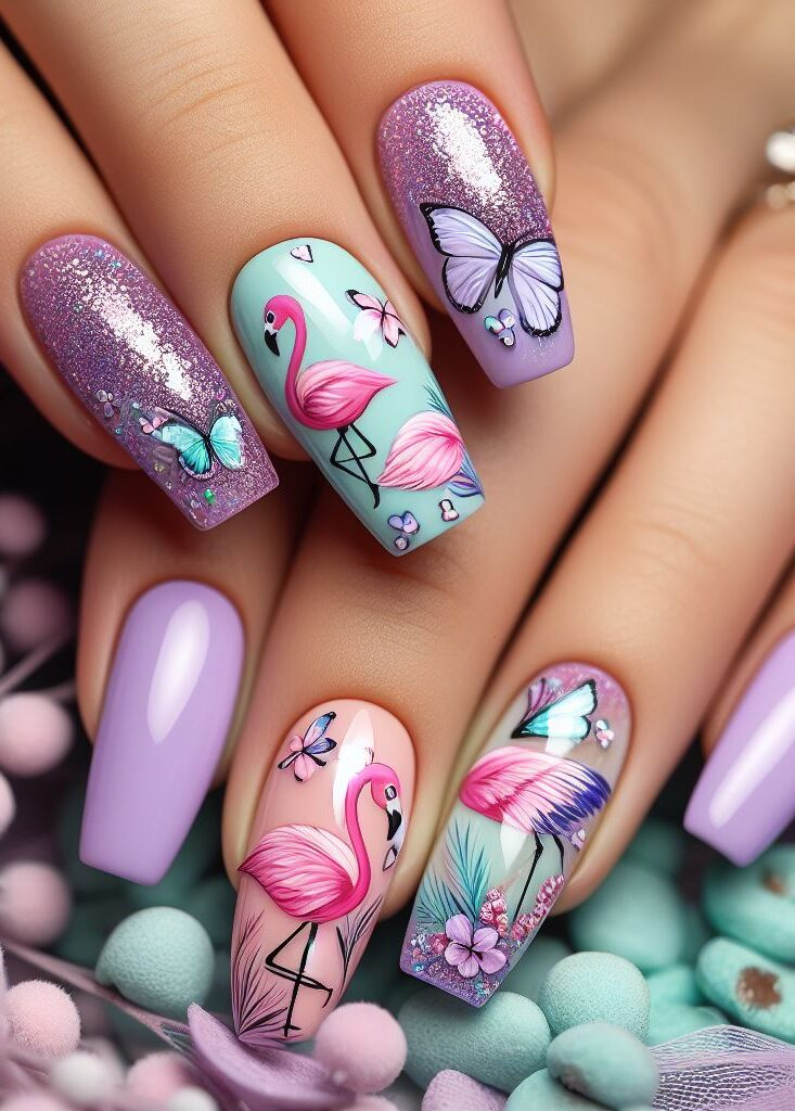 Upgrade your mani game with this flamingo nail art masterpiece! ✨ Show off your love for soft pastels and graceful creatures with a design featuring lavender, mint, flamingos, and delicate butterflies.