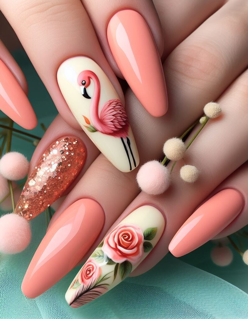 ¡El flamenco fabuloso se encuentra con lo dulce! Este encantador diseño de uñas presenta una base cremosa con toques de melocotón, que muestra elegantes flamencos y rosas florecientes.
