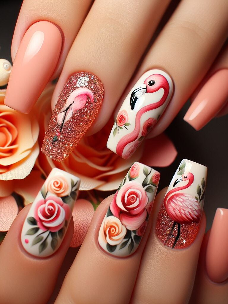¡Dale a tus uñas un toque de elegancia con este arte de uñas de flamencos! El esmalte cremoso está acentuado con un suave melocotón y adornado con elegantes flamencos y rosas en flor.
