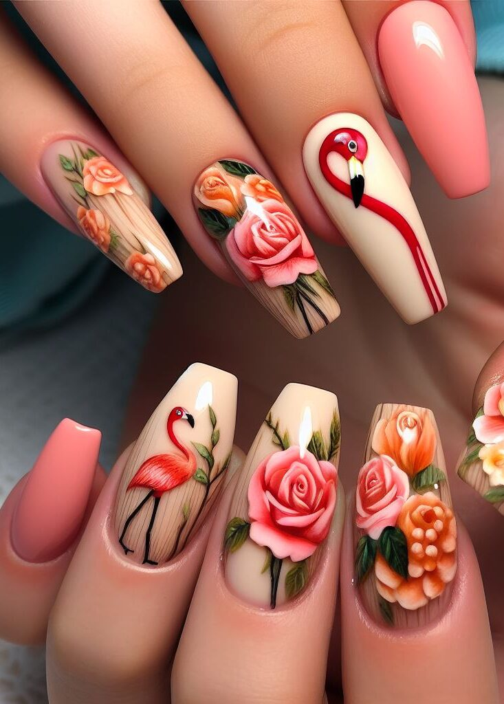 ¿A Peachy le gusta el estilo flamenco? Este diseño de uñas combina tonos cremosos con toques de melocotón y presenta impresionantes flamencos ubicados entre delicadas rosas.