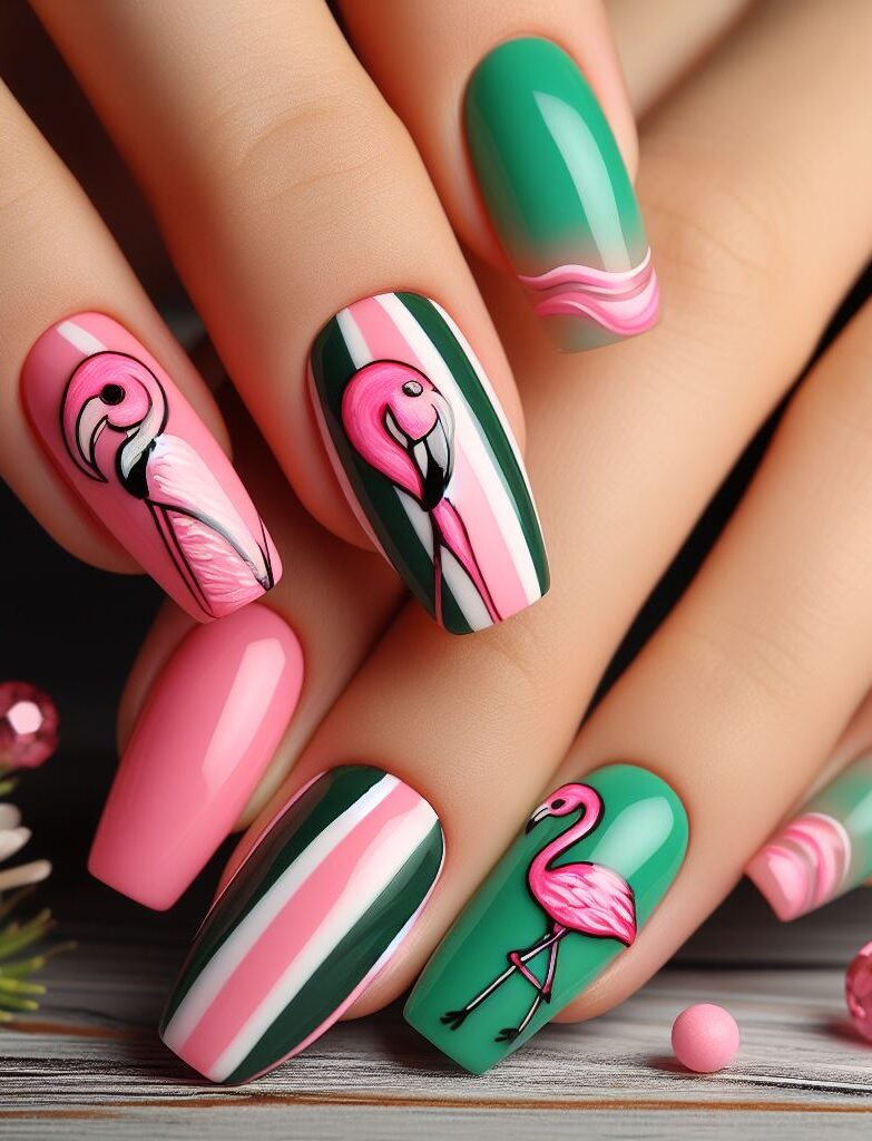 ¡Vibraciones tropicales al alcance de tu mano! Este arte de uñas de flamenco con rayas rosas y verdes es el accesorio perfecto para el verano. ¡Es colorido, divertido y garantiza que llamará la atención! #nailart #flamingonailart #nails #pocoko #summernails #tropicalnails