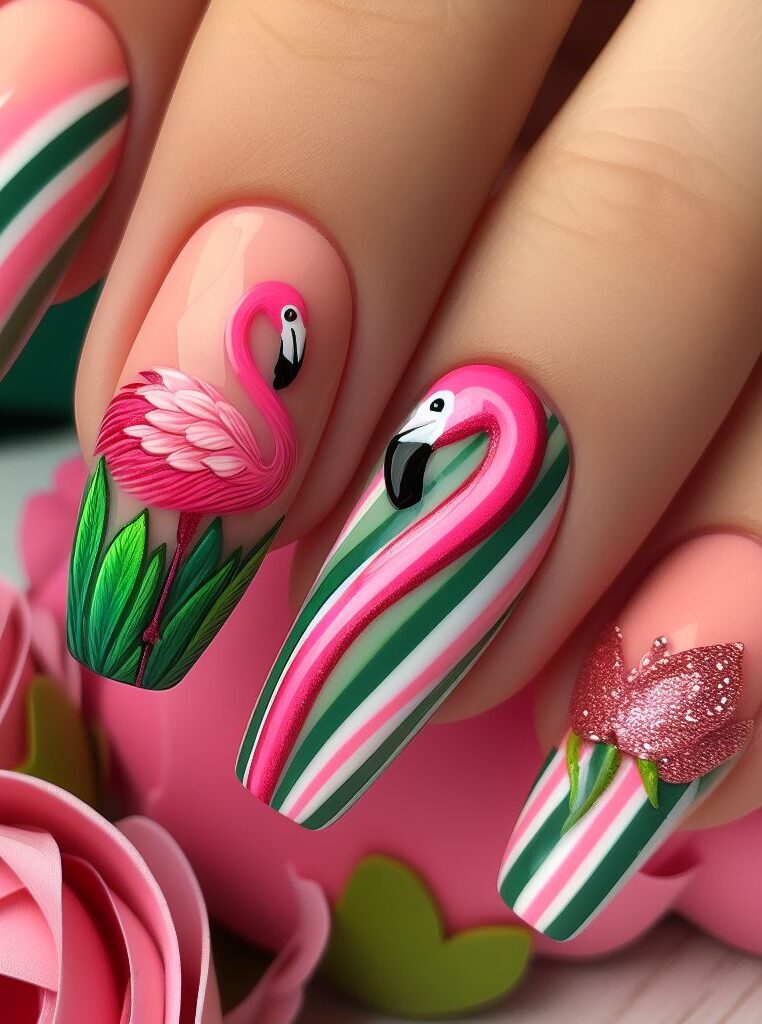Flock to this flamingo flair! Pink & green stripes meet a charming flamingo for a summer nail art look that's both trendy and sweet. #nailart #flamingonailart #nails #pocoko #nailartideas #summernails