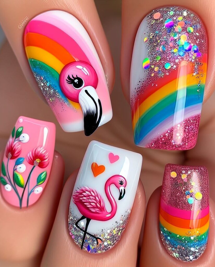 flamingo nail art with rainbow colors and glitter