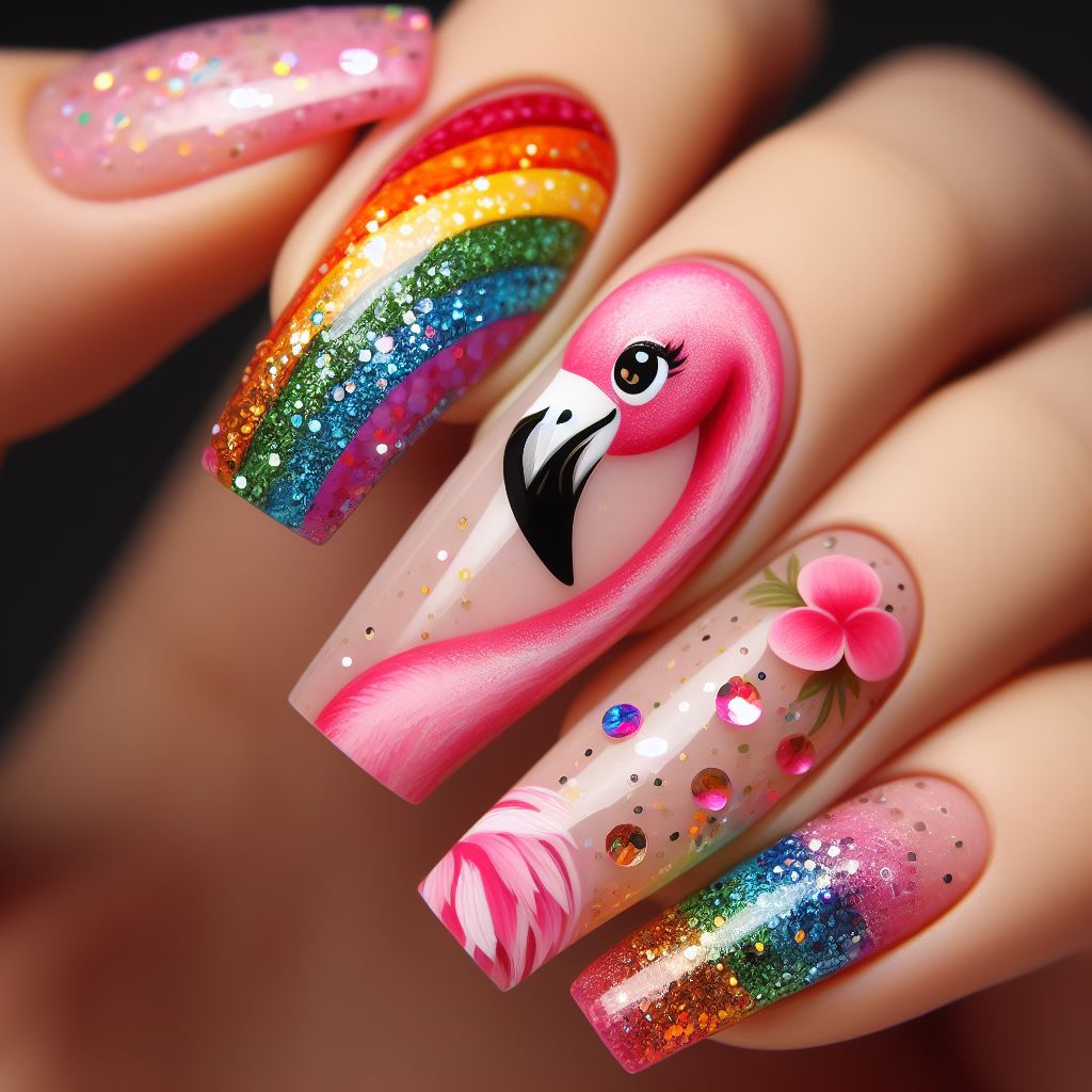 flamingo nail art with rainbow colors and glitter