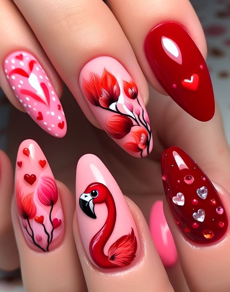 ¡Destaca con estas impresionantes uñas de flamencos! Canaliza el flamenco que llevas dentro con un vibrante diseño en rojo y rosa que presenta estos elegantes pájaros y dulces corazones.