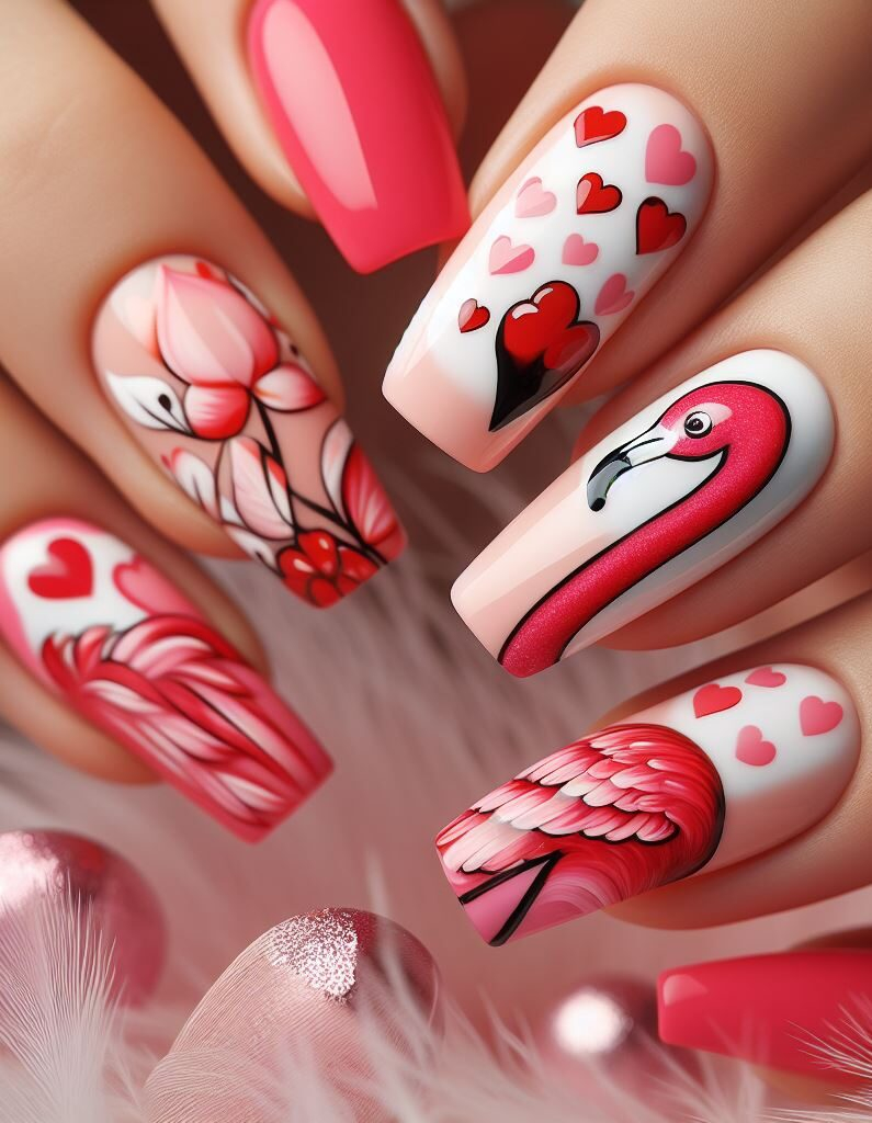 Feeling fancy? These flamingo nails are for you! ❤️ Show off your love for these elegant creatures with a red and pink mani featuring hearts and flamingos. ❤️ 