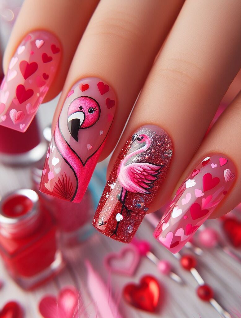 Flock to this flamingo nail art! Bright pink flamingos stand out against a red background, accented with adorable little hearts. Perfect for summer vibes!