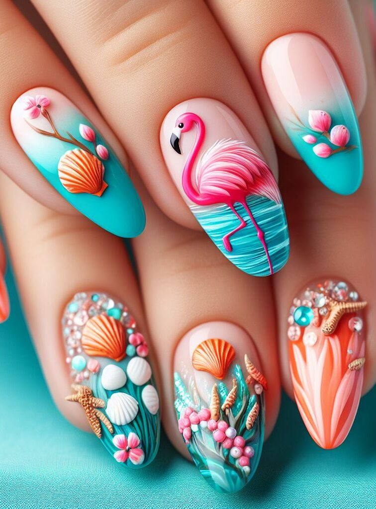 ¡Vibraciones isleñas a tu alcance! Escápese al paraíso con este arte de uñas con flamencos que incluye turquesa, aguamarina, corales y conchas marinas. #nailart #flamingonailart #uñas #pocoko #summernails #beachnails