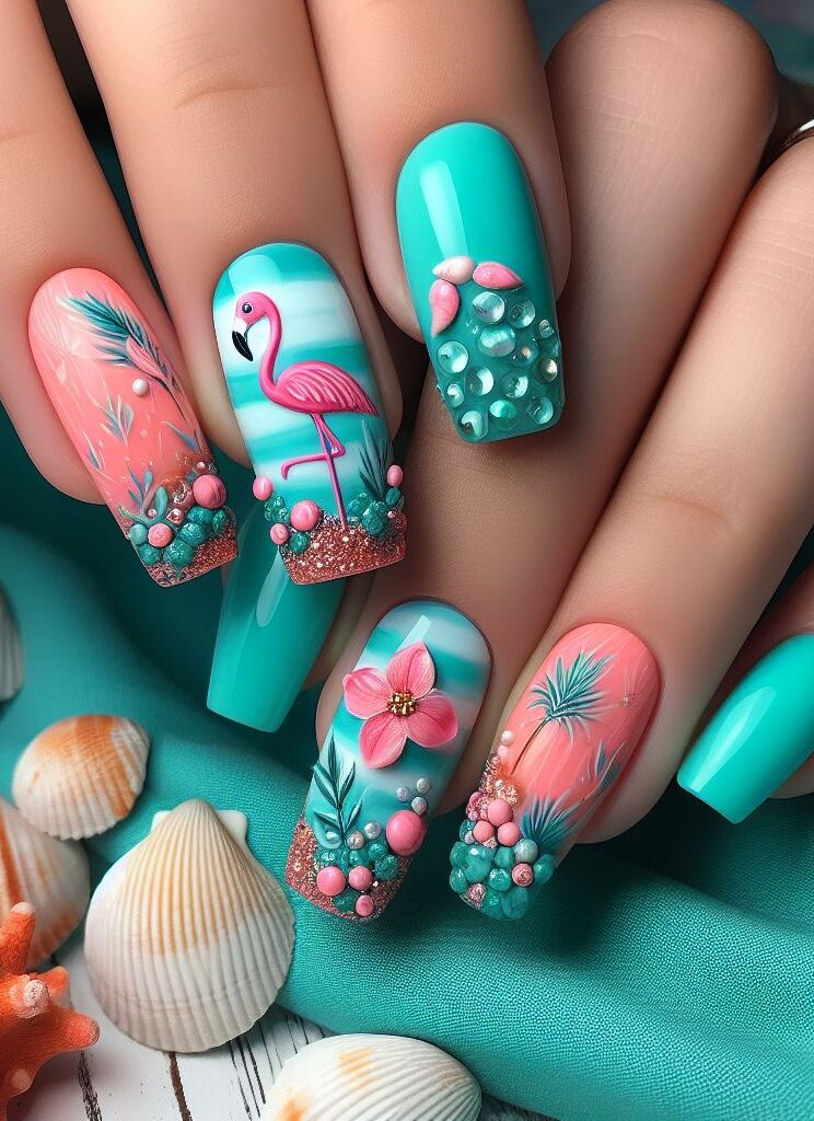 ¡Paraíso de playa en tus uñas! Sumérgete en el verano con este arte de uñas con flamencos en tonos turquesa y aguamarina, corales y conchas marinas. #nailart #flamingonailart #nails #pocoko #nailartideas #summernails