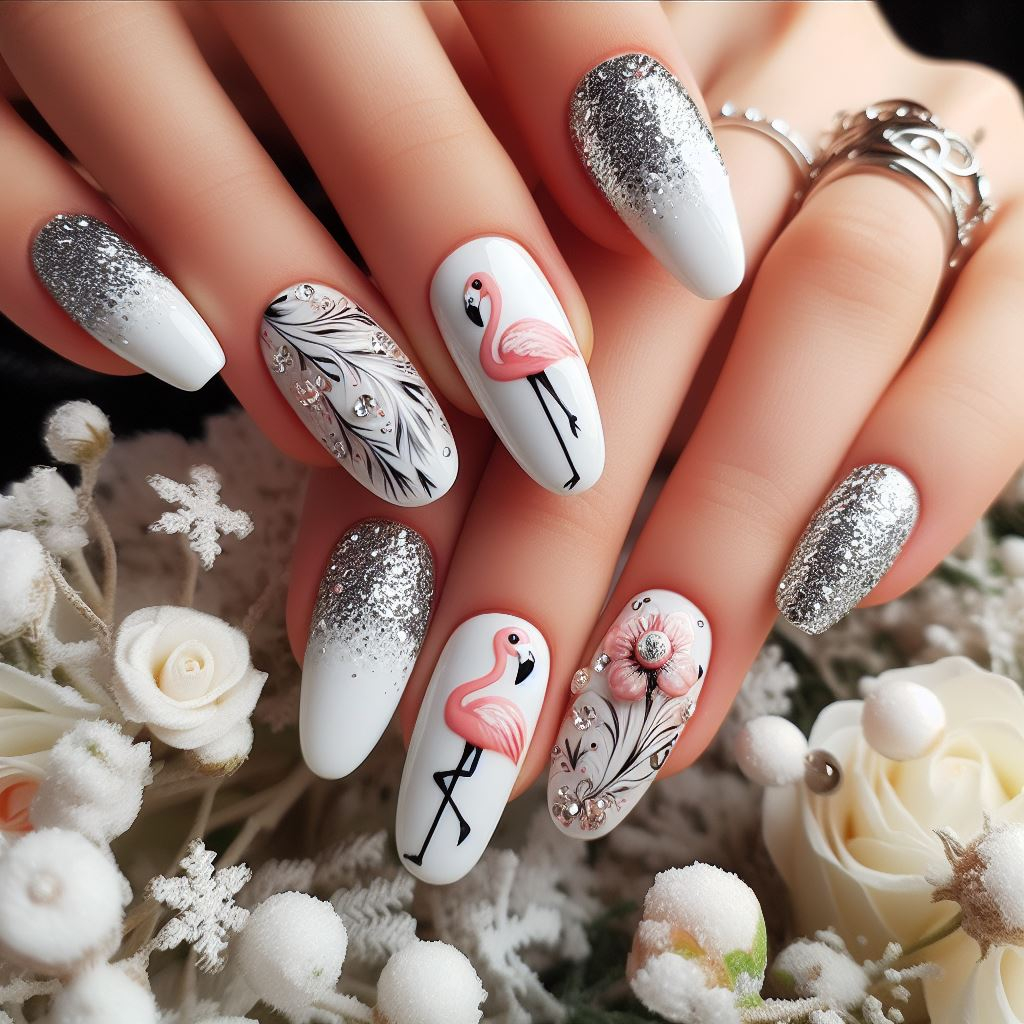 flamingo nail art with white and silver colors and snowflakes