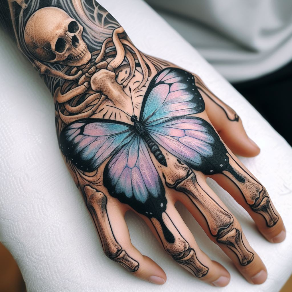 Skeleton Hand Tattoo: Unveiling the Power and Beauty of Bony Brilliance | Pocoko Whimsical Spirit: This Skeleton Hand Tattoo exudes an ethereal vibe. The meticulously detailed bones and the vibrant pastel butterfly create a captivating image. This design symbolizes the enduring spirit that can remain playful and hopeful throughout life and beyond. #pocoko #skeletonhandtattoo #butterflytattoo #hopefulspirit