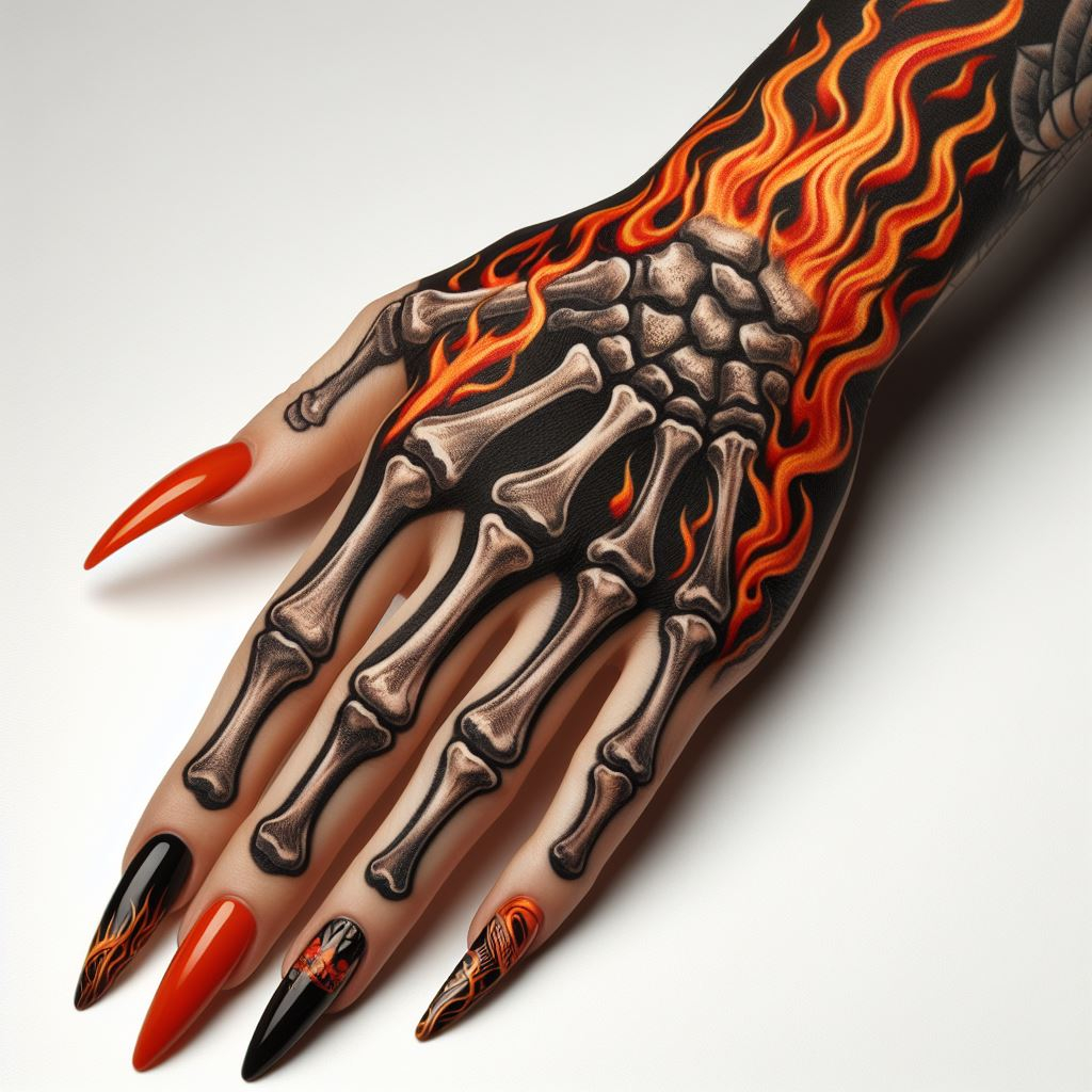 Skeleton Hand Tattoo: Unveiling the Power and Beauty of Bony Brilliance | Pocoko Transformation's Touch: This Skeleton Hand Tattoo showcases a captivating metamorphosis. The meticulously detailed bones seem to melt and flow into vibrant flames erupting from the wrist. This design symbolizes the constant change and transformation of life, a fiery rebirth. #pocoko #skeletonhandtattoo #flametattoo #transformationart
