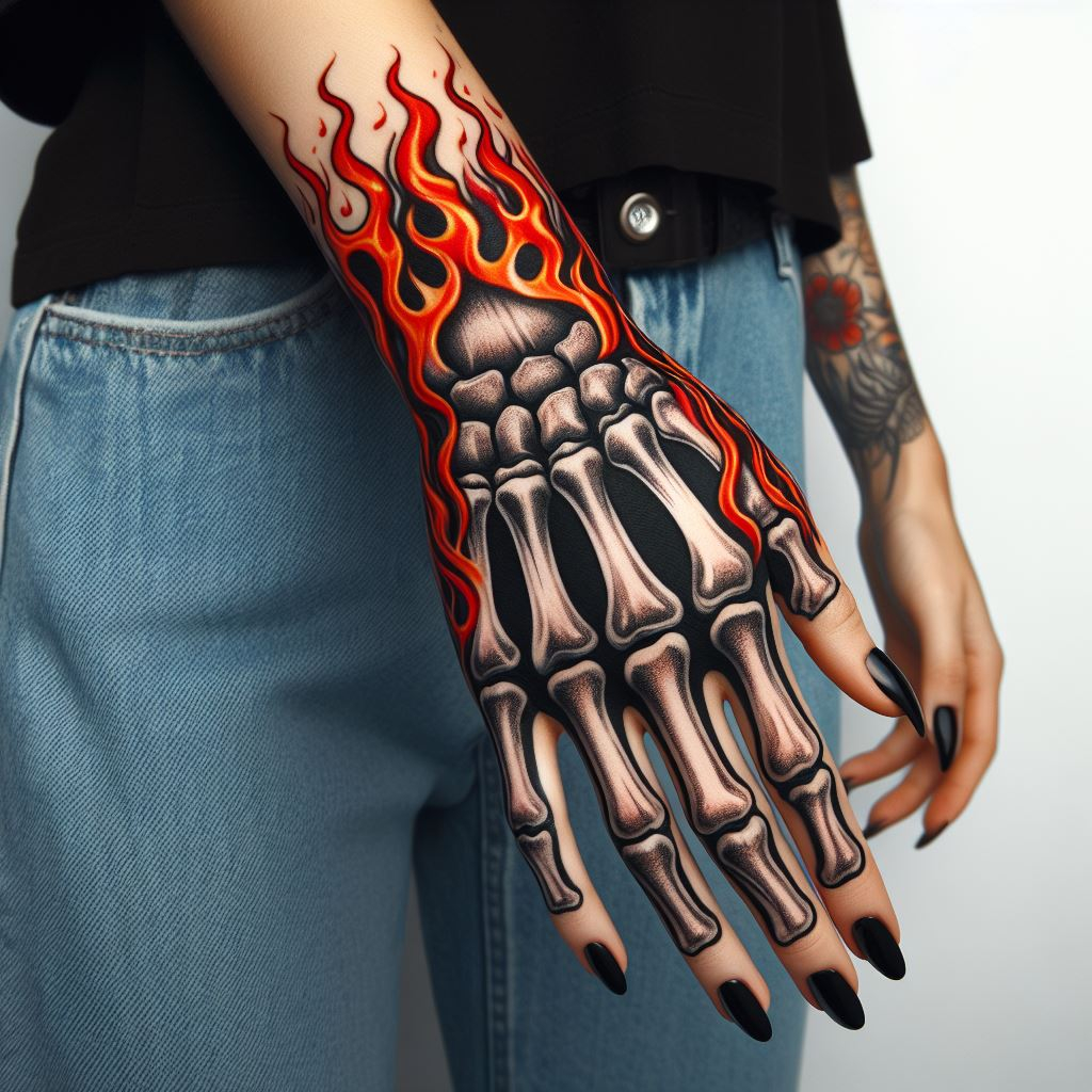 Skeleton Hand Tattoo: Unveiling the Power and Beauty of Bony Brilliance | Pocoko Memento Mori Ablaze: This striking Skeleton Hand Tattoo delivers a powerful message. The meticulously detailed bones stand as a stark reminder of "memento mori" (remember you must die). The flames erupting from the wrist symbolize the transient nature of life, urging one to live passionately. #pocoko #skeletonhandtattoo #flametattoo #mementovivere