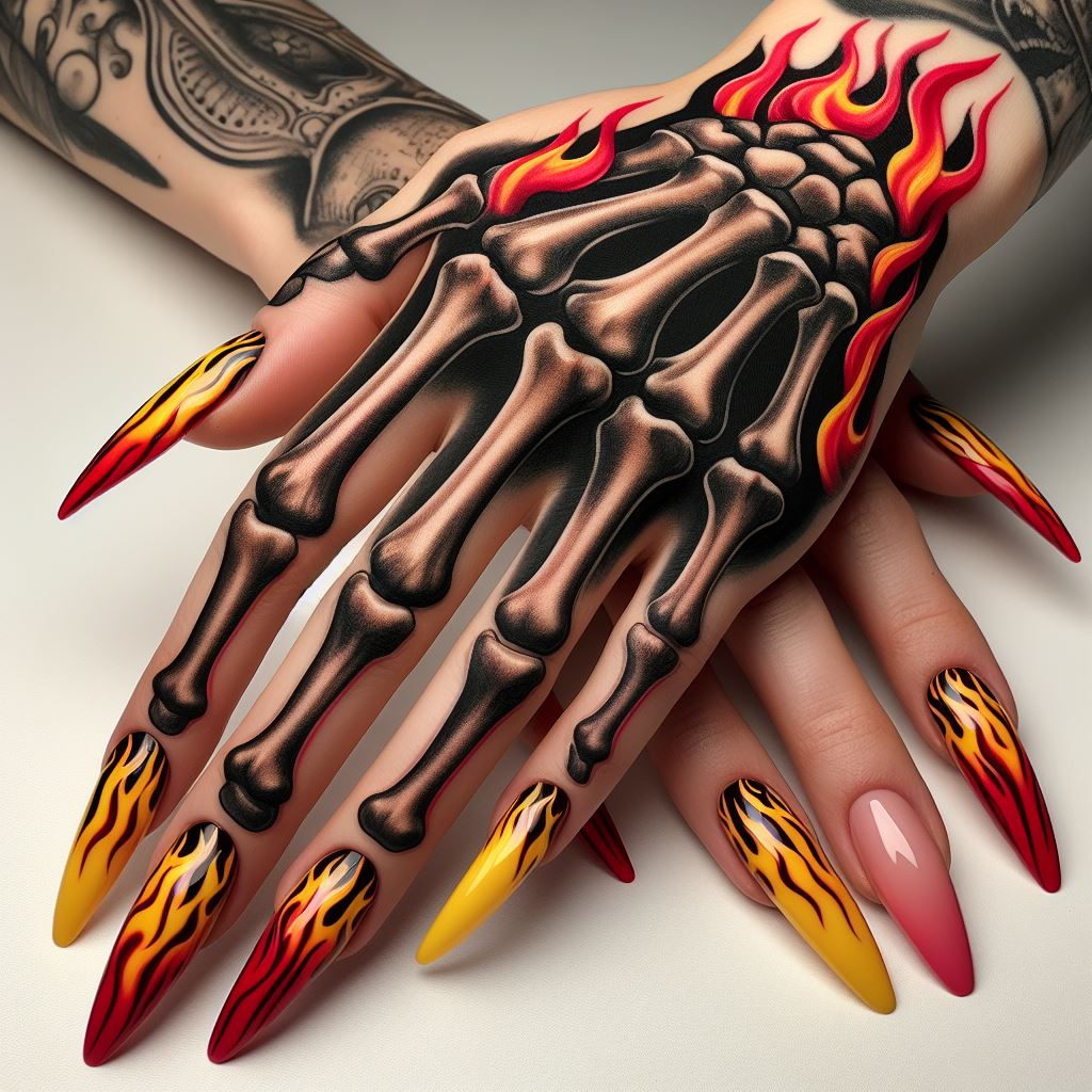 Skeleton Hand Tattoo: Unveiling the Power and Beauty of Bony Brilliance | Pocoko Burning Bright, Even in Darkness: This Skeleton Hand Tattoo offers a message of hope. The meticulously detailed bones are surrounded by vibrant flames, illuminating the darkness. This design symbolizes the potential for light and passion to shine through even in the face of death. #pocoko #skeletonhandtattoo #flametattoo #hopepersists