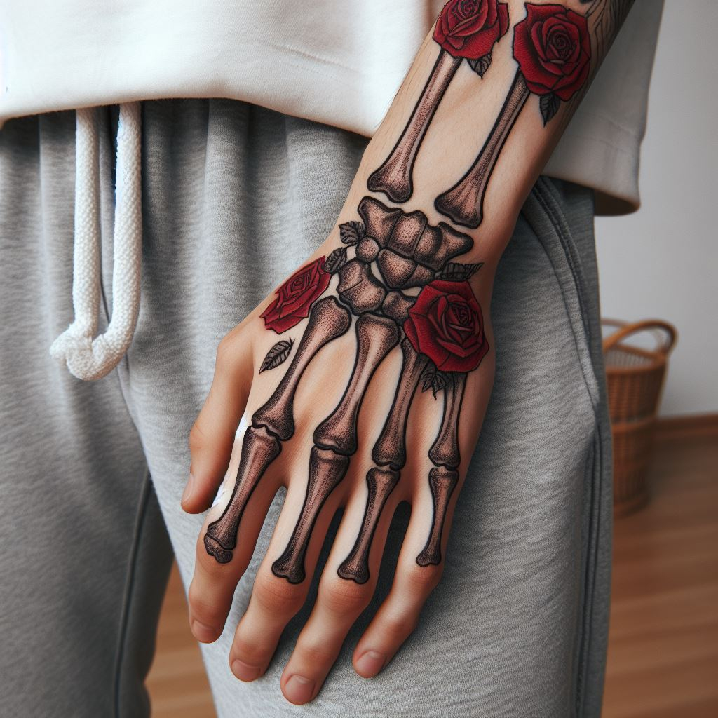 Skeleton Hand Tattoo: Unveiling the Power and Beauty of Bony Brilliance | Pocoko This Skeleton Hand Tattoo offers a hauntingly beautiful contrast. Meticulously detailed bones form a hand reaching out from a canvas of large, vibrant red roses blooming around the wrist. The design symbolizes the cycle of life and death, with the roses representing a vibrant reminder that beauty can flourish even in the face of mortality. #pocoko #skeletonhandtattoo #rosetattoo #beautyindecay