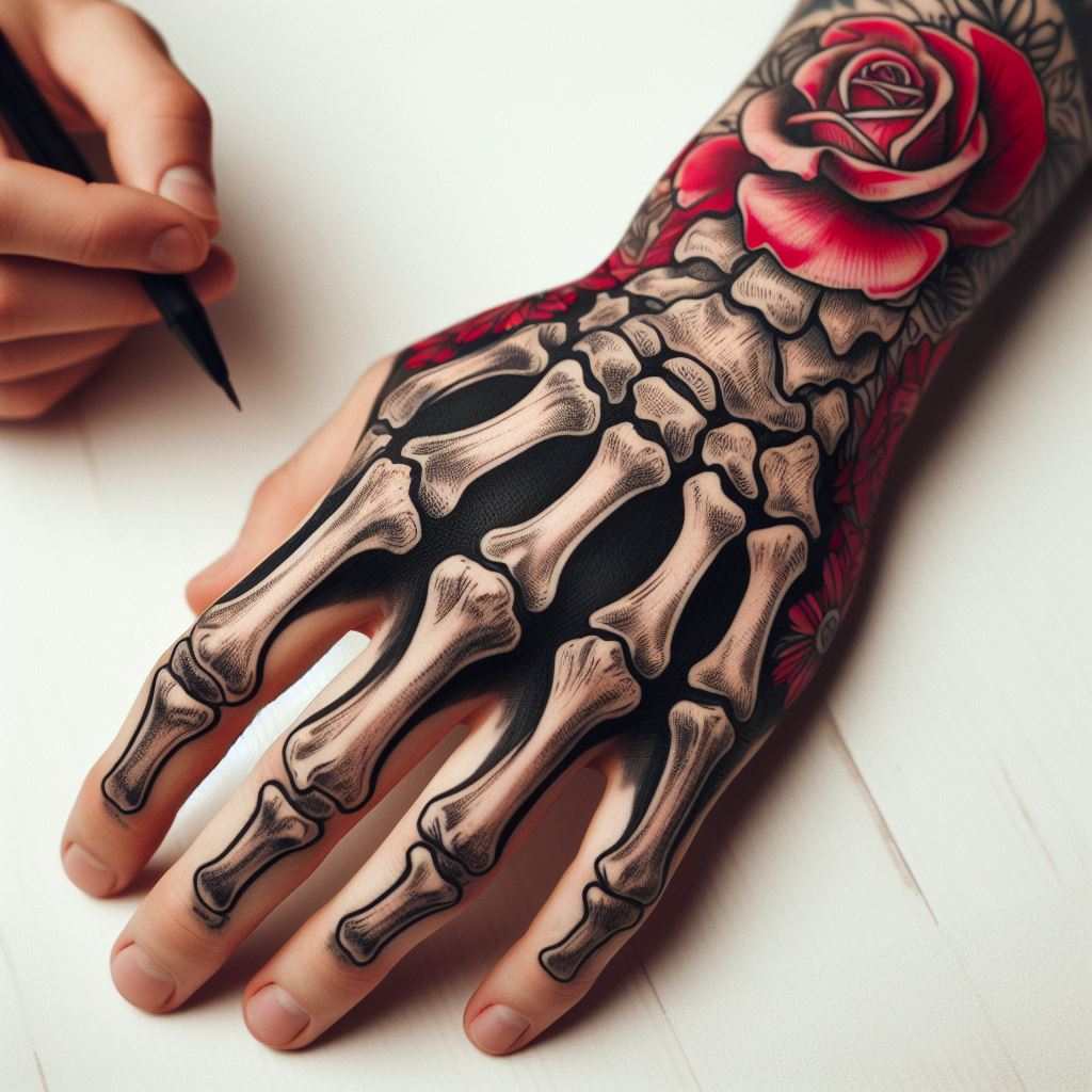 Skeleton Hand Tattoo: Unveiling the Power and Beauty of Bony Brilliance | Pocoko Beauty's Embrace: This Skeleton Hand Tattoo features a hauntingly beautiful contrast. The meticulously detailed bones and joints form a hand, gently cradled by a vibrant rose blooming on the wrist. This captivating design symbolizes the enduring beauty that finds a way to flourish even in the face of mortality.
