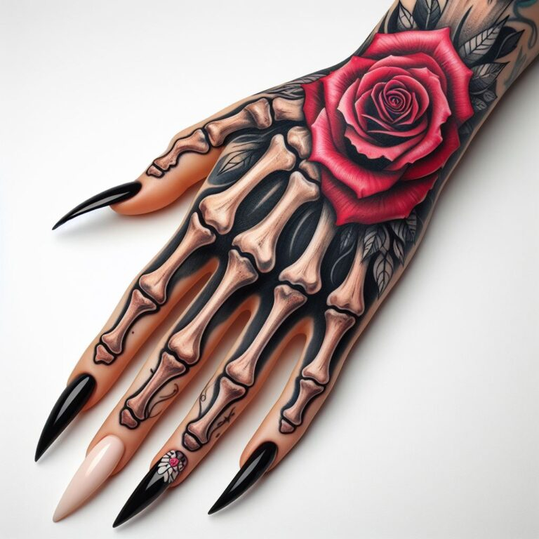 Love's Eternal Bloom: This captivating Skeleton Hand Tattoo showcases a powerful contrast. A meticulously detailed hand rendered in bone reaches out to hold a stunning rose on the wrist. This design symbolizes the enduring power of love, a vivid reminder that love transcends the boundaries of life and death. #pocoko #skeletonhandtattoo #rosetattoo #eternallove