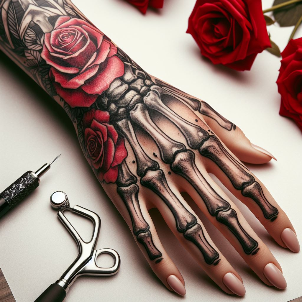 Skeleton Hand Tattoo: Unveiling the Power and Beauty of Bony Brilliance | Pocoko Crimson Embrace: This Skeleton Hand Tattoo features a captivating display of mortality and beauty. The meticulously detailed bones and joints form a hand, gently cradled by a cascade of large, vibrant red roses. The striking design symbolizes a life well-lived, embraced by the enduring beauty of love and passion even beyond death. #pocoko #skeletonhandtattoo #rosetattoo #lifeafterlove