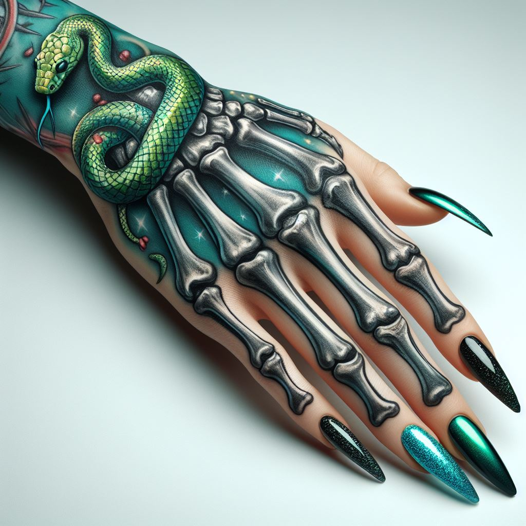 Skeleton Hand Tattoo: Unveiling the Power and Beauty of Bony Brilliance | Pocoko Renewal After Death: This captivating skeleton hand tattoo features a vibrant green snake coiled across the detailed bones. It symbolizes the cycle of death and rebirth, with the snake representing renewal and the bones representing the temporary nature of life. #pocoko #skeletonhandtattoo #renewaltattoo #mementovivere