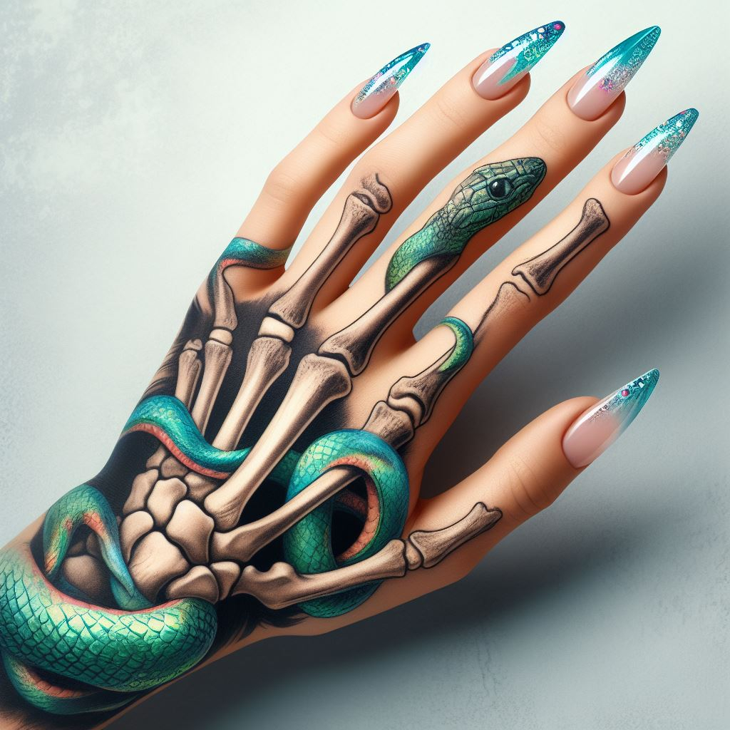 Skeleton Hand Tattoo: Unveiling the Power and Beauty of Bony Brilliance | Pocoko Nature's Embrace: This skeleton hand tattoo features a mesmerizing image of a vibrant green snake coiled around meticulously detailed bones. It depicts nature's embrace of death and the constant circle of life. #pocoko #skeletonhandtattoo #naturetattoo #tattooart