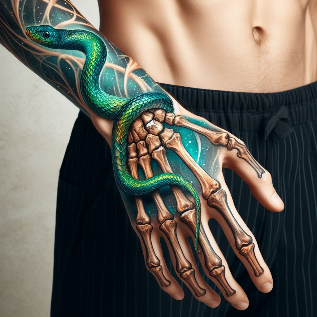 Skeleton Hand Tattoo: Unveiling the Power and Beauty of Bony Brilliance | Pocoko Death's Garden: This captivating skeleton hand tattoo features a vibrant green snake winding its way through meticulously detailed bones. It symbolizes life flourishing even in death's domain, like a plant growing from cracks in the pavement. #pocoko #skeletonhandtattoo #deathsgarden #tattooflash