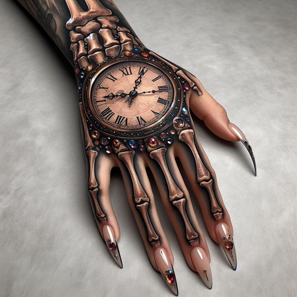 Skeleton Hand Tattoo: Unveiling the Power and Beauty of Bony Brilliance | Pocoko Embrace the duality of life and death with this captivating skeleton hand tattoo. The intricate bones intertwine with a detailed antique watch dial, creating a powerful symbol of both mortality and the enduring power of time. #pocoko #skeletonhandtattoo #timeandmortality #tattooflash