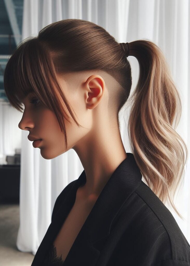 Curtain Bangs: Your Effortless Guide to 55 Stunning Styles! | Pocoko Edgy and high-fashion! This hairstyle combines the face-framing charm of curtain bangs with a trendy undercut and a high ponytail. The shaved sides add a touch of edge, while the ponytail keeps hair out of the face and shows off the long locks. Perfect for those who want a hairstyle that's both stylish and functional. #pocoko #curtainbangs #ponytail #undercut
