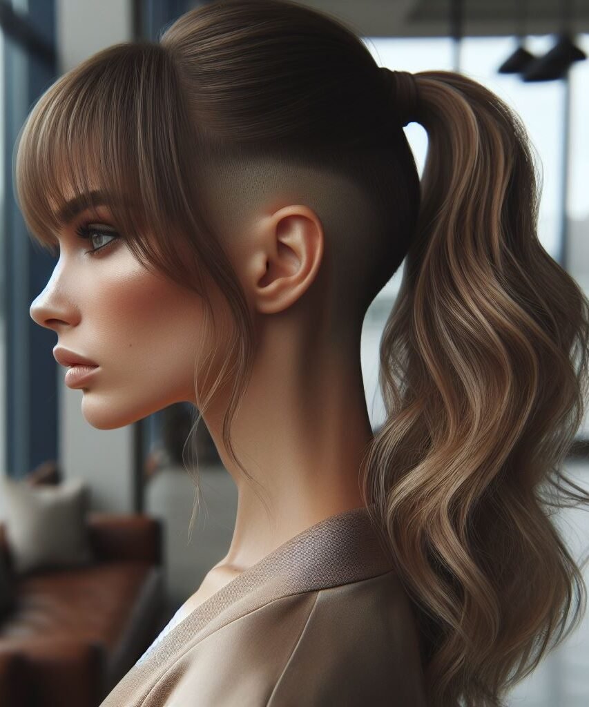 Curtain Bangs: Your Effortless Guide to 55 Stunning Styles! | Pocoko Pony up with a punch! This fierce hairstyle pairs cool curtain bangs with a high pony and a peek-a-boo undercut. It's perfect for showing off your edgy side and keeping hair out of your face in style. #pocoko #curtainbangs #ponytailwithabang #undercuthairstyle