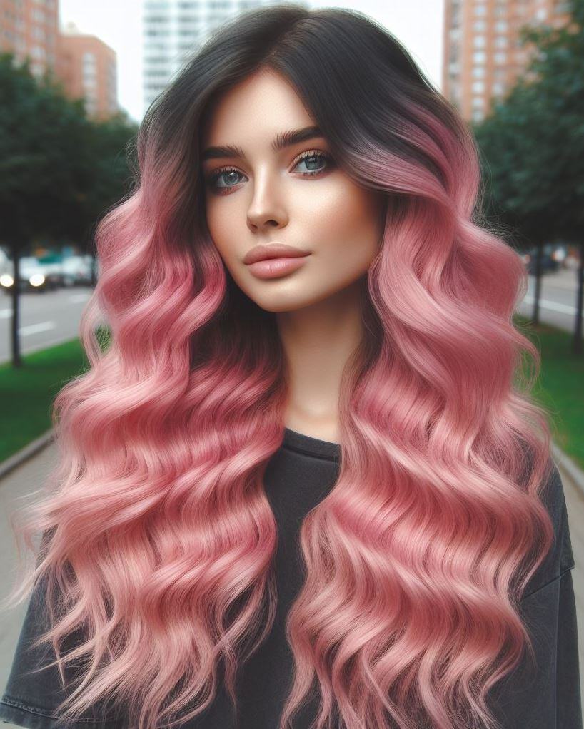 Soft and Sweet: Long wavy pink hair with a side part adds a touch of whimsy to any look. ☁️