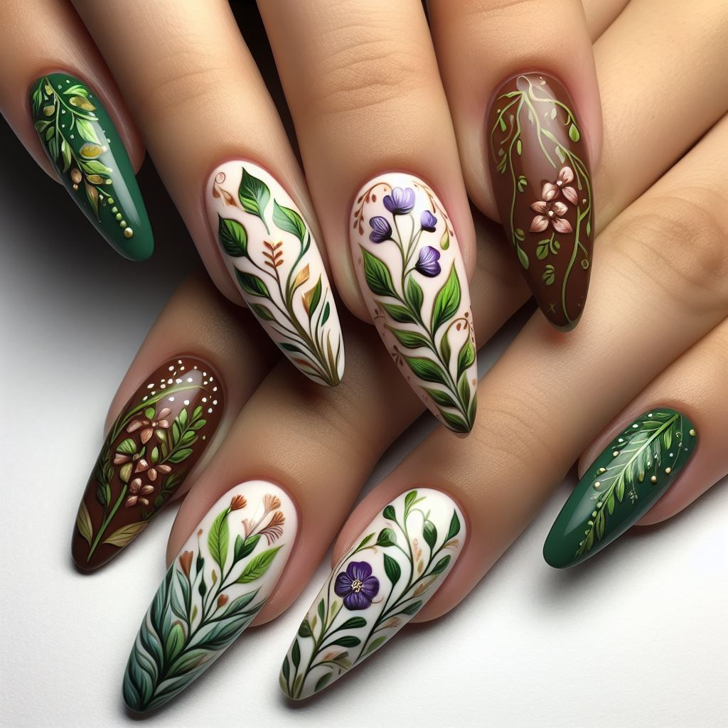 Go green and embrace the beauty of nature with forest-themed floral nail art! Tiny wildflowers and vines in earthy tones create a serene and captivating design. (Floral Nail Art Ideas)