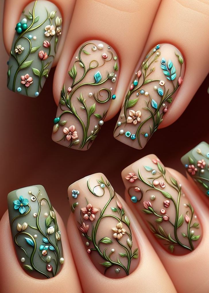 ¡Deja que tus uñas florezcan con la magia del bosque! Este diseño floral de uñas presenta delicadas flores silvestres y enredaderas ubicadas entre marrones terrosos y azules acerados, perfecto para darle un toque de fantasía.