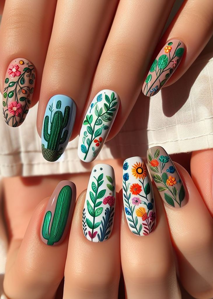¡Deshazte de lo ordinario! ✨ El arte de uñas floral y cactus con temática forestal, con pequeñas flores silvestres y enredaderas en verdes y marrones frescos, es una forma única y encantadora de expresar tu amor por la naturaleza.