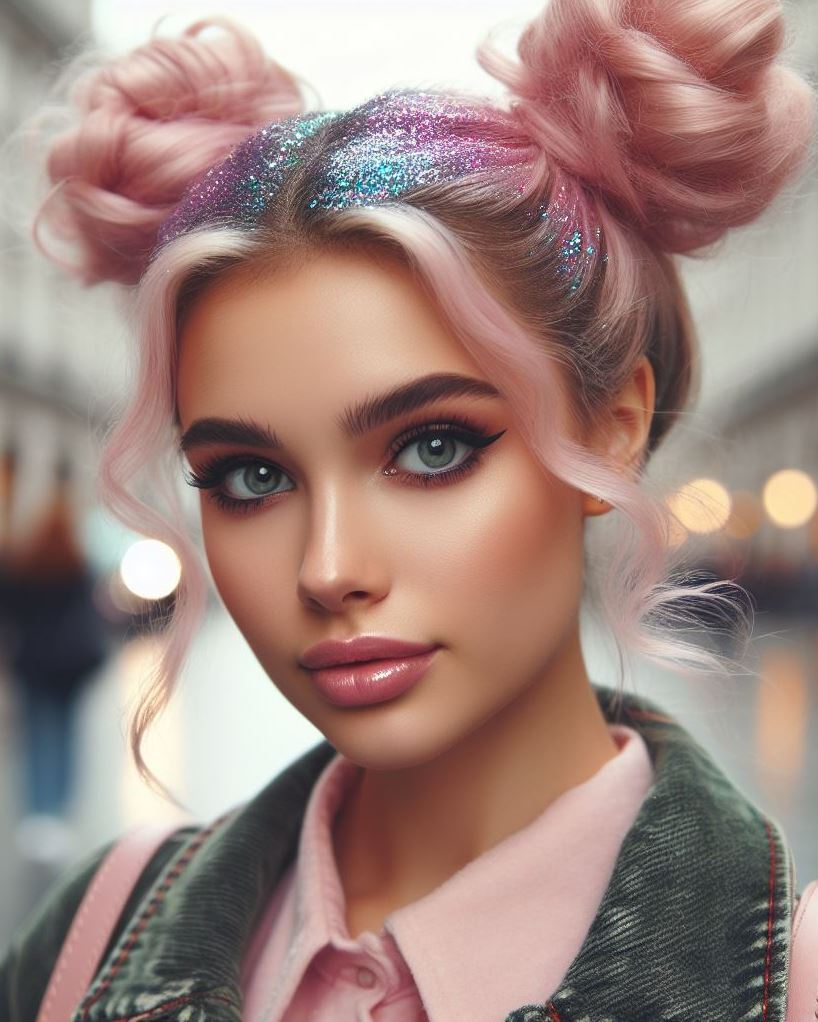 Glitter & Glam: Elevate your space buns with bubblegum pink hair and dazzling glitter roots for a festival-ready style.