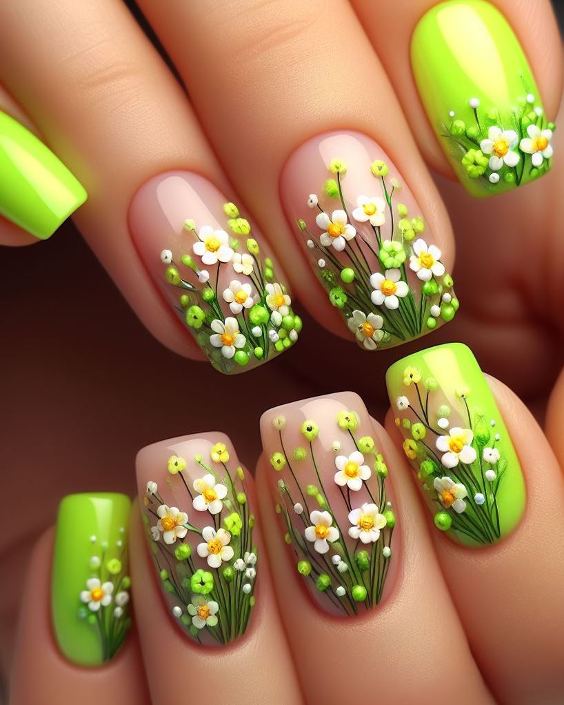 ¡La primavera ha llegado! Celebre la temporada con refrescantes flores de color verde lima y delicadas enredaderas bailando sobre sus uñas.