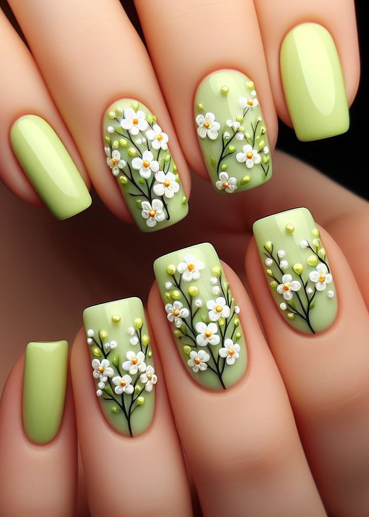 Vuélvete atrevido y hermoso con este arte de uñas con flores y enredaderas de color verde lima. ¡El toque de color perfecto para cualquier conjunto!