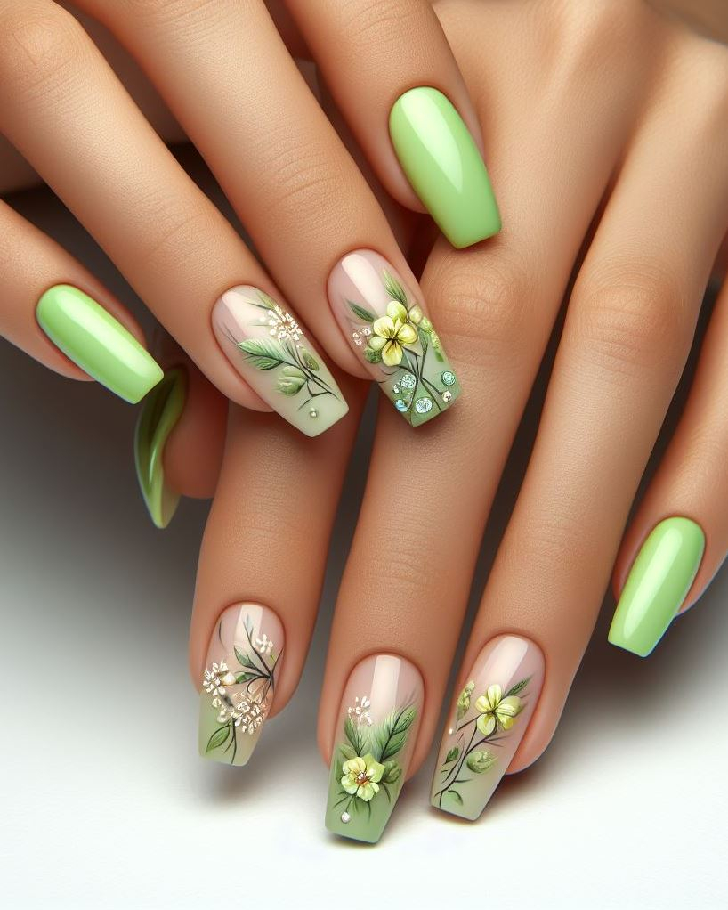 ¡Sueños de lima! Este vibrante arte de uñas con flores y enredaderas de color verde lima es perfecto para quienes aman destacar. ✨