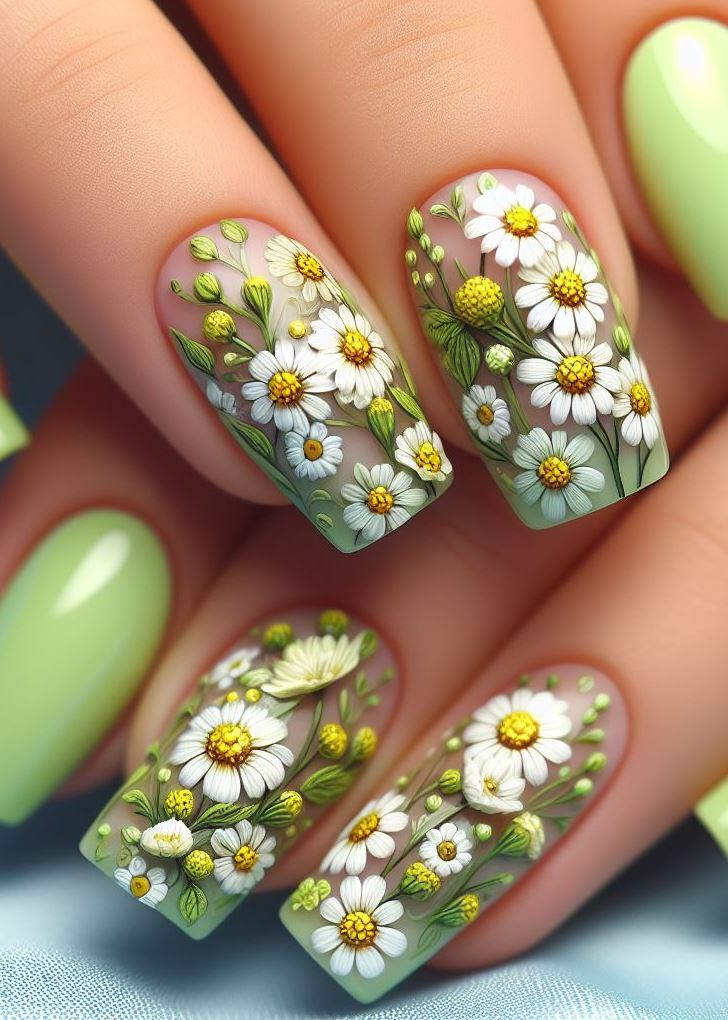 ¡Menos es más! Mantenlo simple con un diseño minimalista con pequeñas flores de color verde lima y delicadas enredaderas.