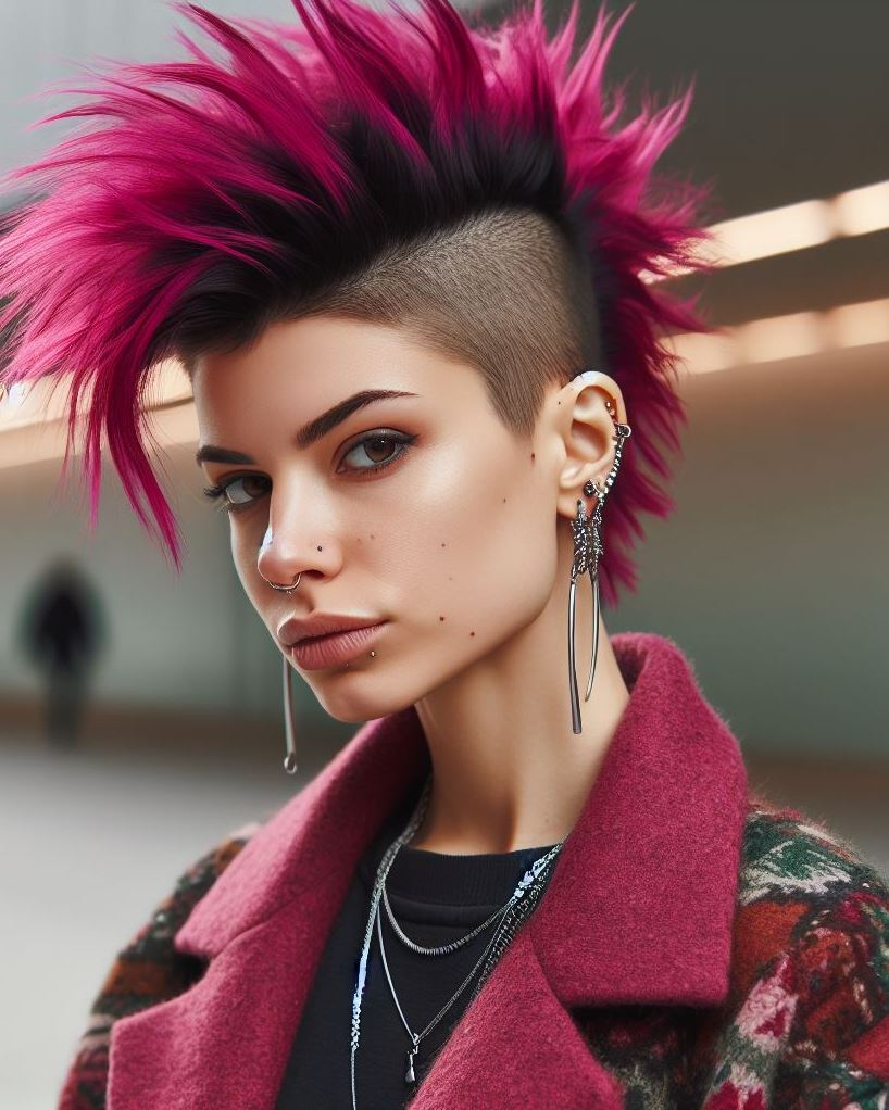 Electric Elegance: Fuchsia pink mohawk meets cool fade for a hairstyle that's both eye-catching and surprisingly sophisticated. Turn heads with a touch of unexpected glam! 