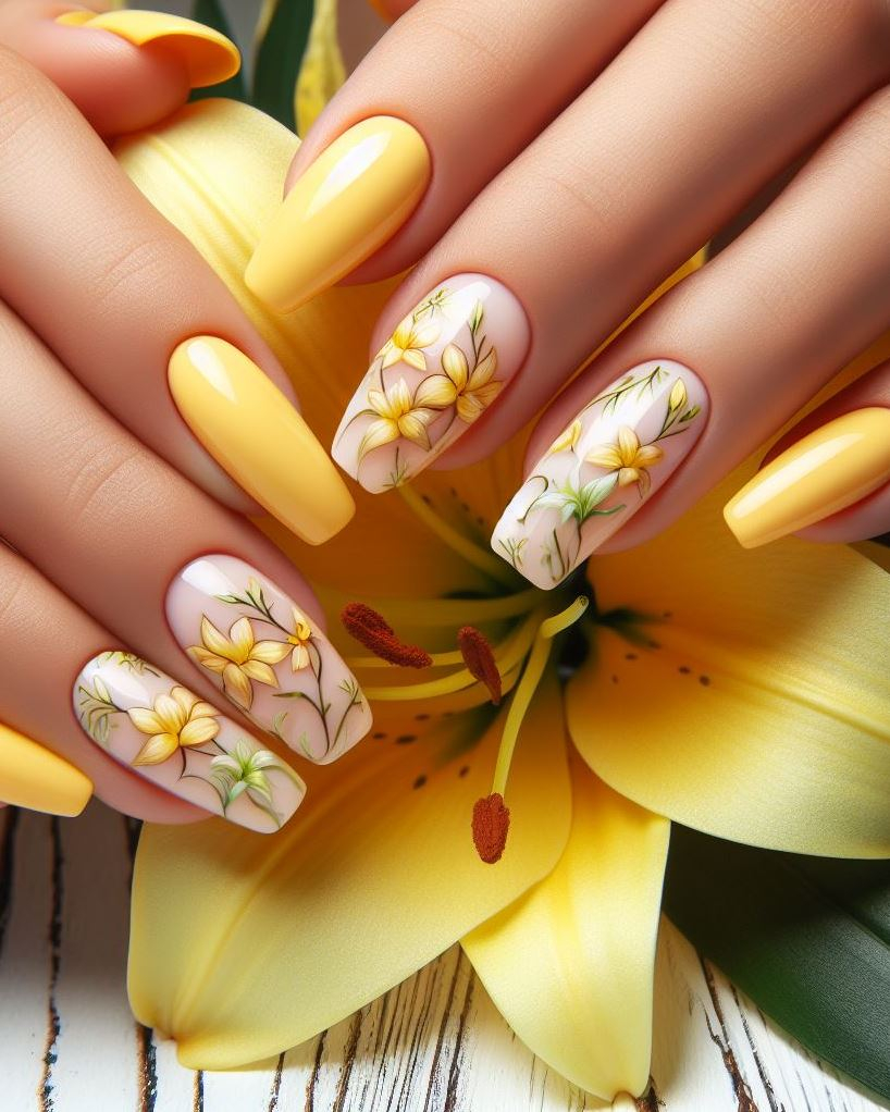 ¡Deja que tus uñas florezcan! ✨ Este encantador arte de uñas floral de lirio con pequeñas flores y enredaderas celebra la belleza de estas elegantes flores. (Ideas florales para decoración de uñas)