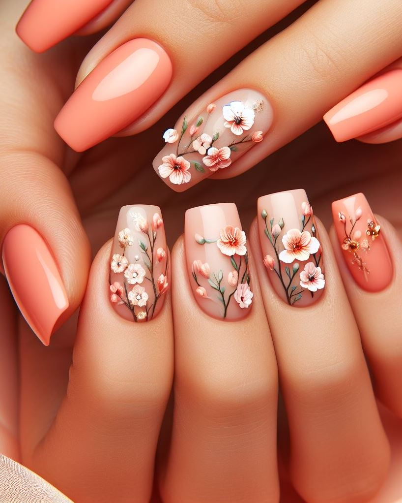 ¿Te sientes romántico? ✨ Este arte de uñas floral color melocotón con pequeñas flores y enredaderas añade un toque de feminidad y suavidad a tu look diario.