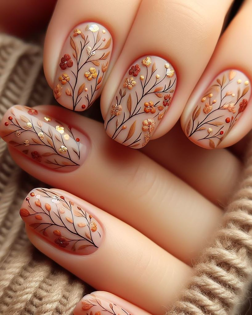 ¡Magia metálica! Eleva tu arte de uñas floral color durazno con un toque de oro o detalles en oro rosa para darle un toque de sofisticación.
