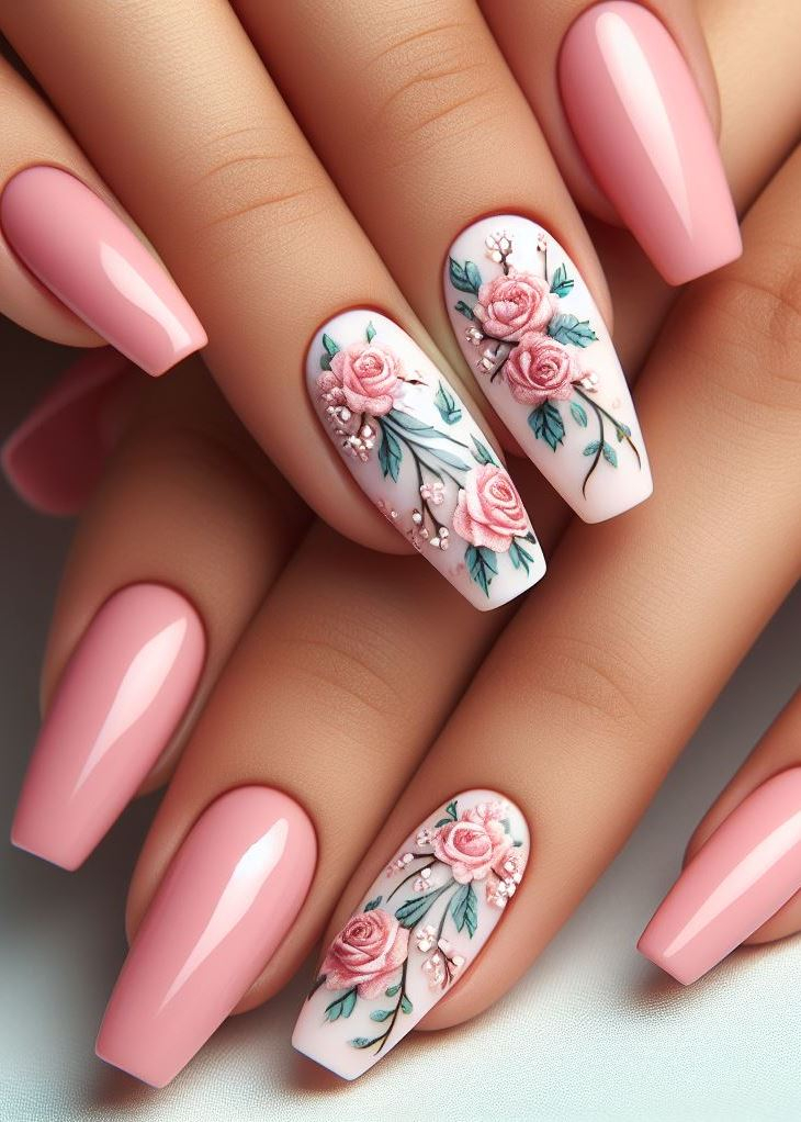¡Bonita en rosa! Este divertido diseño de uñas con pequeñas flores y enredaderas de color rosa es perfecto para agregar un toque de dulzura y feminidad a tus dedos. (Ideas florales para decoración de uñas)
