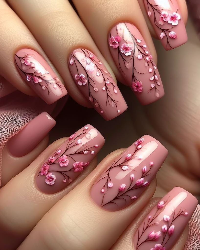 ¿Te sientes caprichoso? ✨ Abraza el encanto de las pequeñas flores rosadas y el arte de uñas enredaderas para darle un toque de magia primaveral en tus dedos.