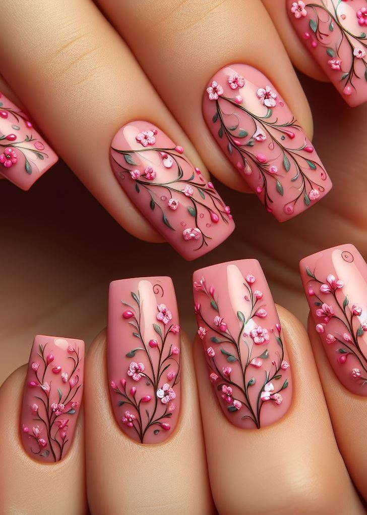 ¡Llamando a todos los minimalistas! Manténgalo simple y elegante con flores rosas individuales y enredaderas delicadas para una versión moderna del arte de uñas floral.