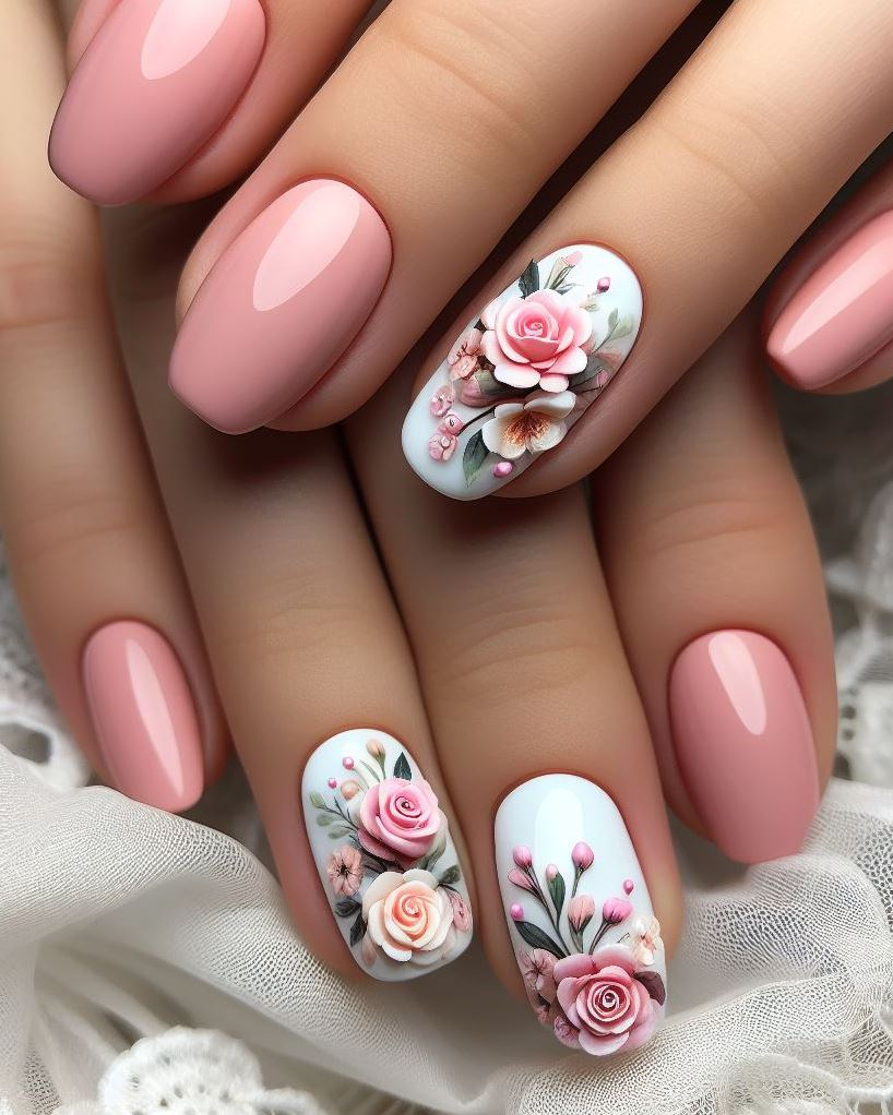 ¡No tengas miedo de ser audaz! Experimente con colores contrastantes para su diseño de uñas floral rosa, como detalles en negro o un color base vibrante.