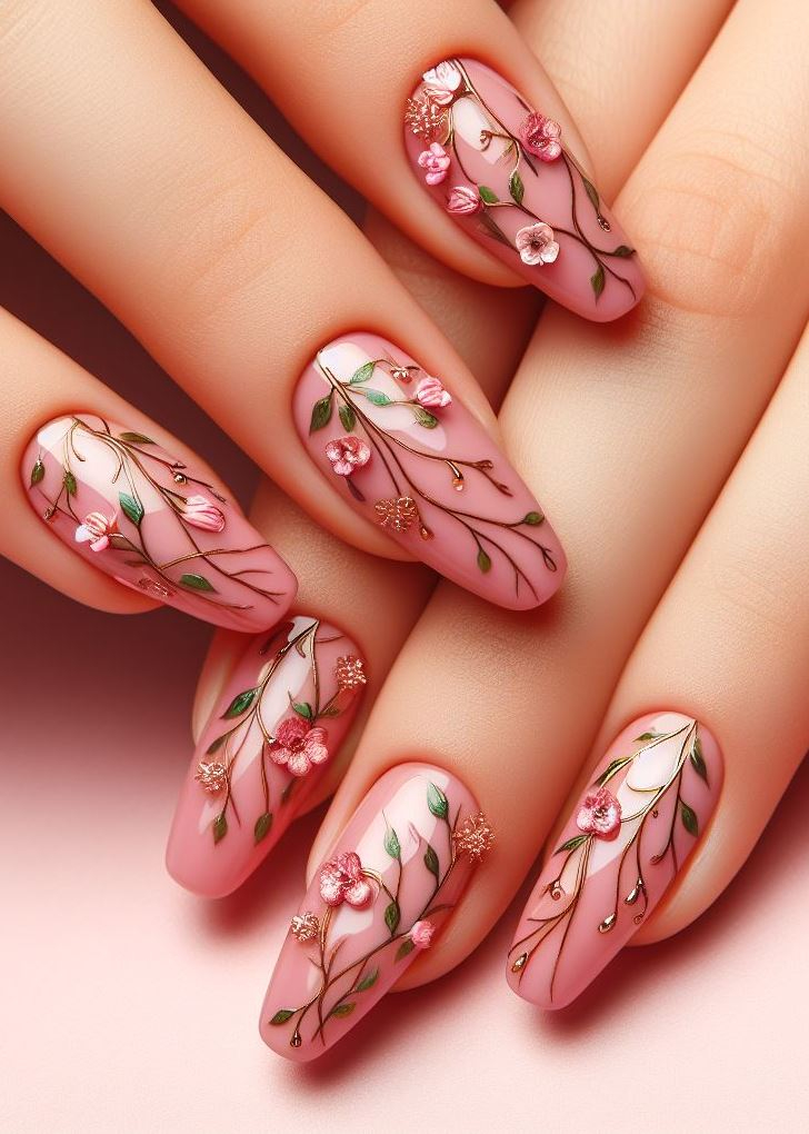 ¡Magia metálica! Realza tu arte de uñas floral rosa con un toque de detalles dorados o plateados para darle un toque extra de glamour.